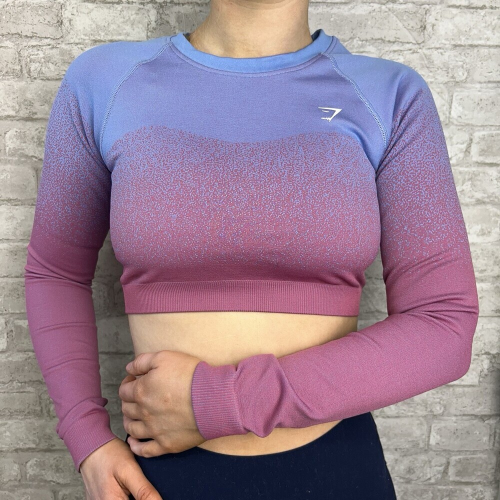Gymshark Long Sleeve Crop Top Pink Blue Ombré Fitted Yoga Workout Shirt Size M